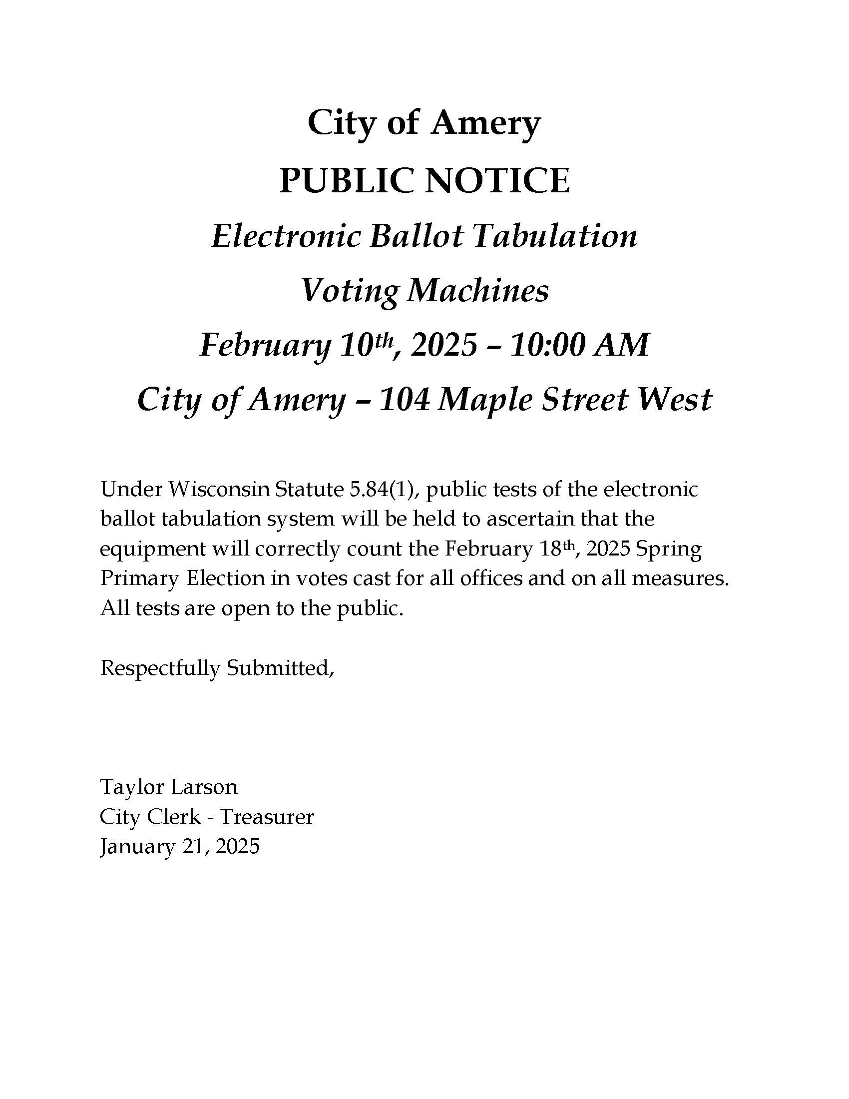 Feb. 18, 2025 - Notice of Electronic Voting Equipment Testing